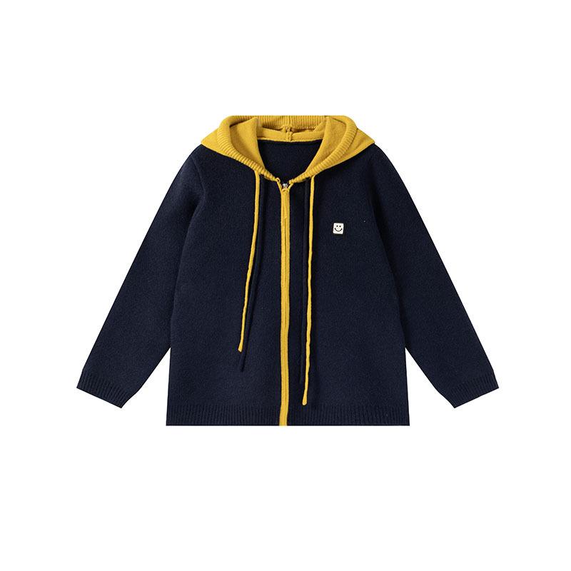 

25-Year Ai Yuan Color Block Knit Hooded Cardigan - Autumn/Winter Korean Lazy Style XL темно-синього кольору