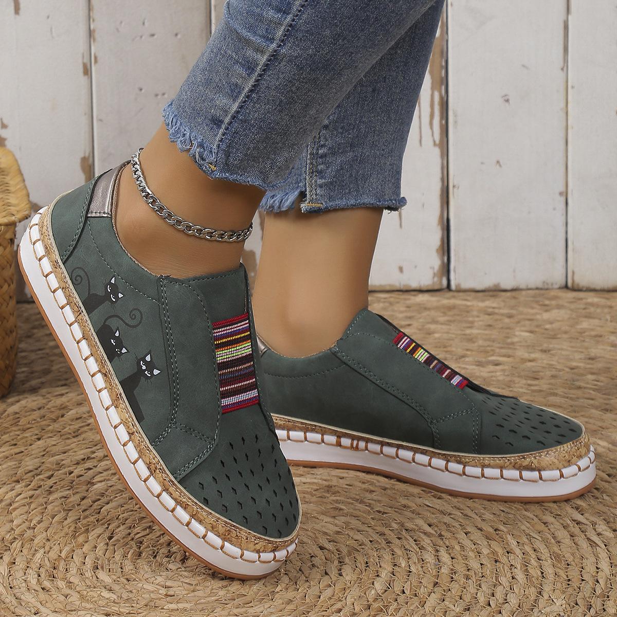 

Женские повседневные туфли на плоской подошве больших размеров, эластичные туфли с кошачьим принтом, одинарные туфли 37 зелёный