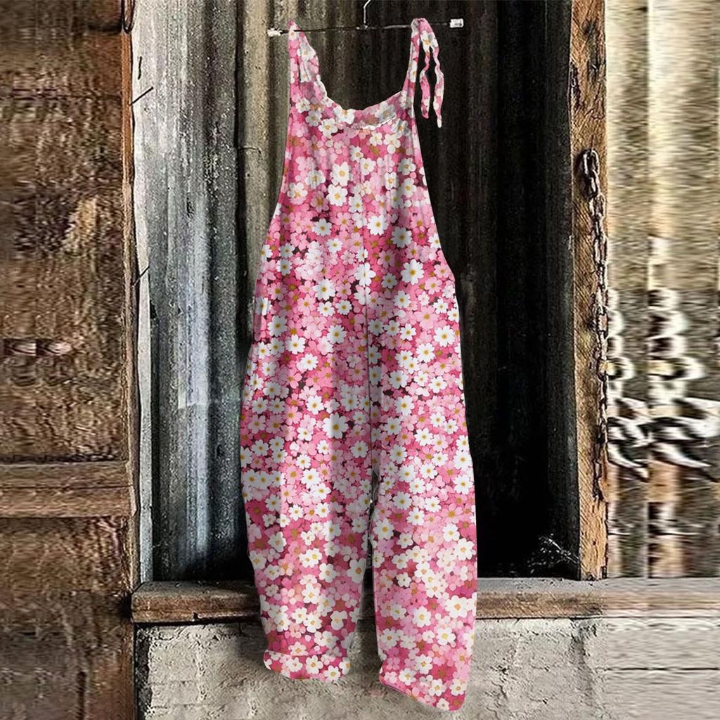 Women's Jumpsuit  Print Casual Loose Vintage Shoulder Strap Cotton Linen