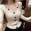 Lace Tied Up Long Sleeved T Shirts Slim Fit Fake 2 Pieces Crop Tops  Travel
