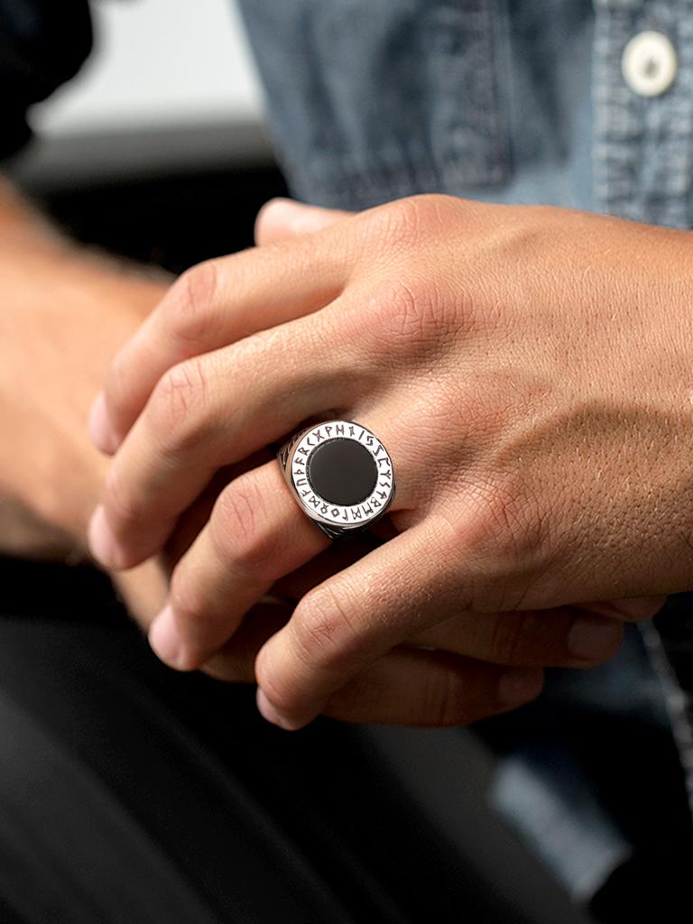 Edelstahl Wikinger Runen Siegelring für Männer Frauen Nordischer Wolfskopf Schwarzer Onyx Schmuck Größe 7-14