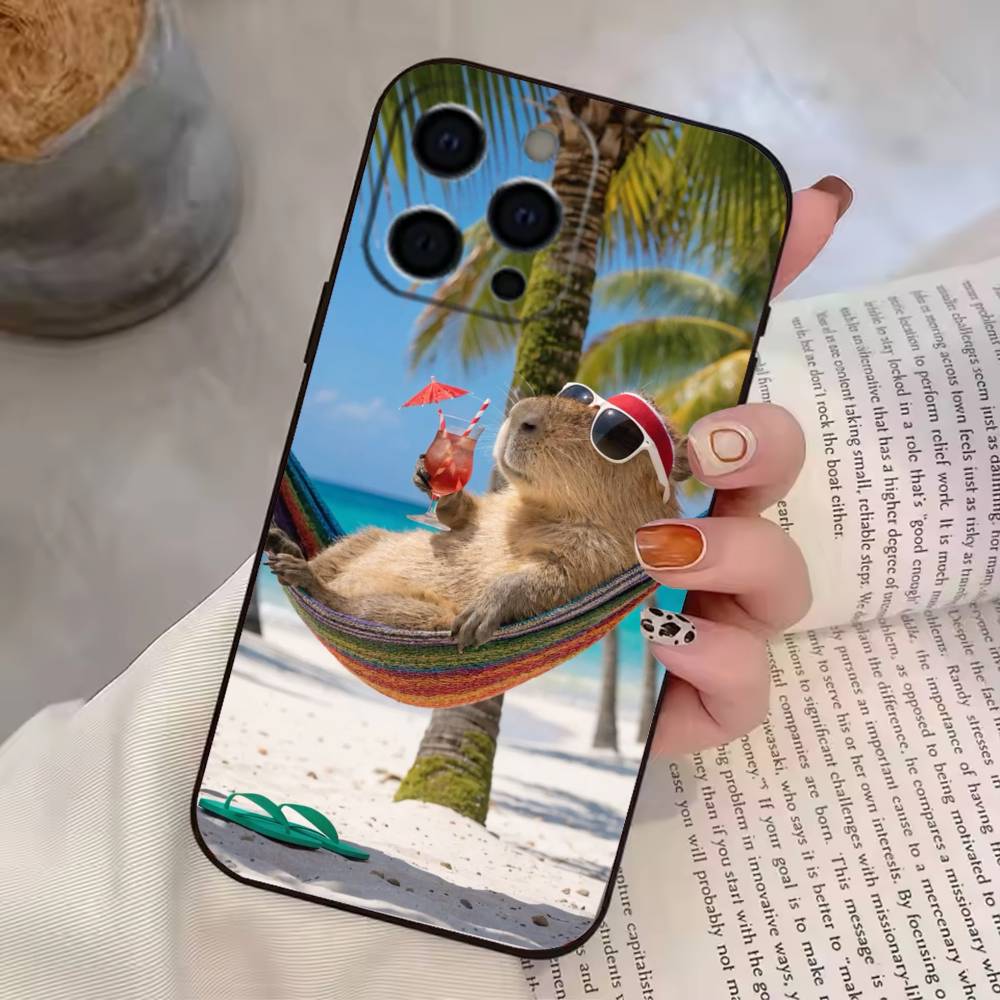 Cute Fun Capybara  Phone Case For iPhone 17,16,15,14,13,12,11 Plus,Pro Max,XS,Soft Silicone Black Cover iPhone15promax