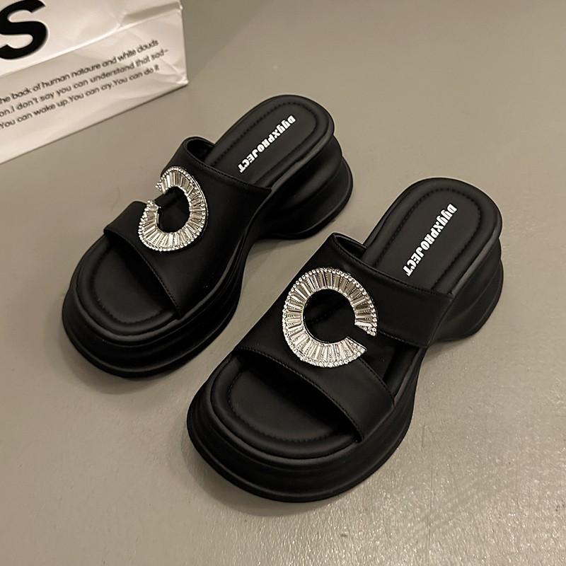 Premium niche thick-bottomed wedge slippers women's summer wear new versatile high-heeled rhinestone casual one-word sandals