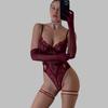 Sexy Lingerie Set Women Wine Red Lace Bodysuit Mesh Sheer Shaping Lingerie Push Up Waist Alluring Intimate  Sets With Gloves