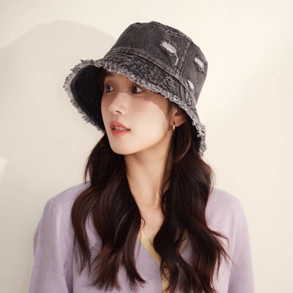 Washed Denim Denim Bucket Hat Large Brim Sun Protection Hat Personalized Basin Hat  Beach