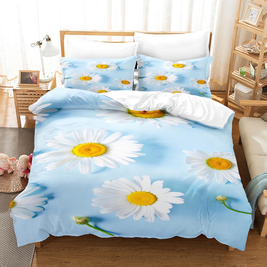 Chrysanthemum Duvet Cover Set Queen Size Bedding Set Stylish Decor Pastoral Comforter Cover+Pillowcases Blossom Soft Microfiber