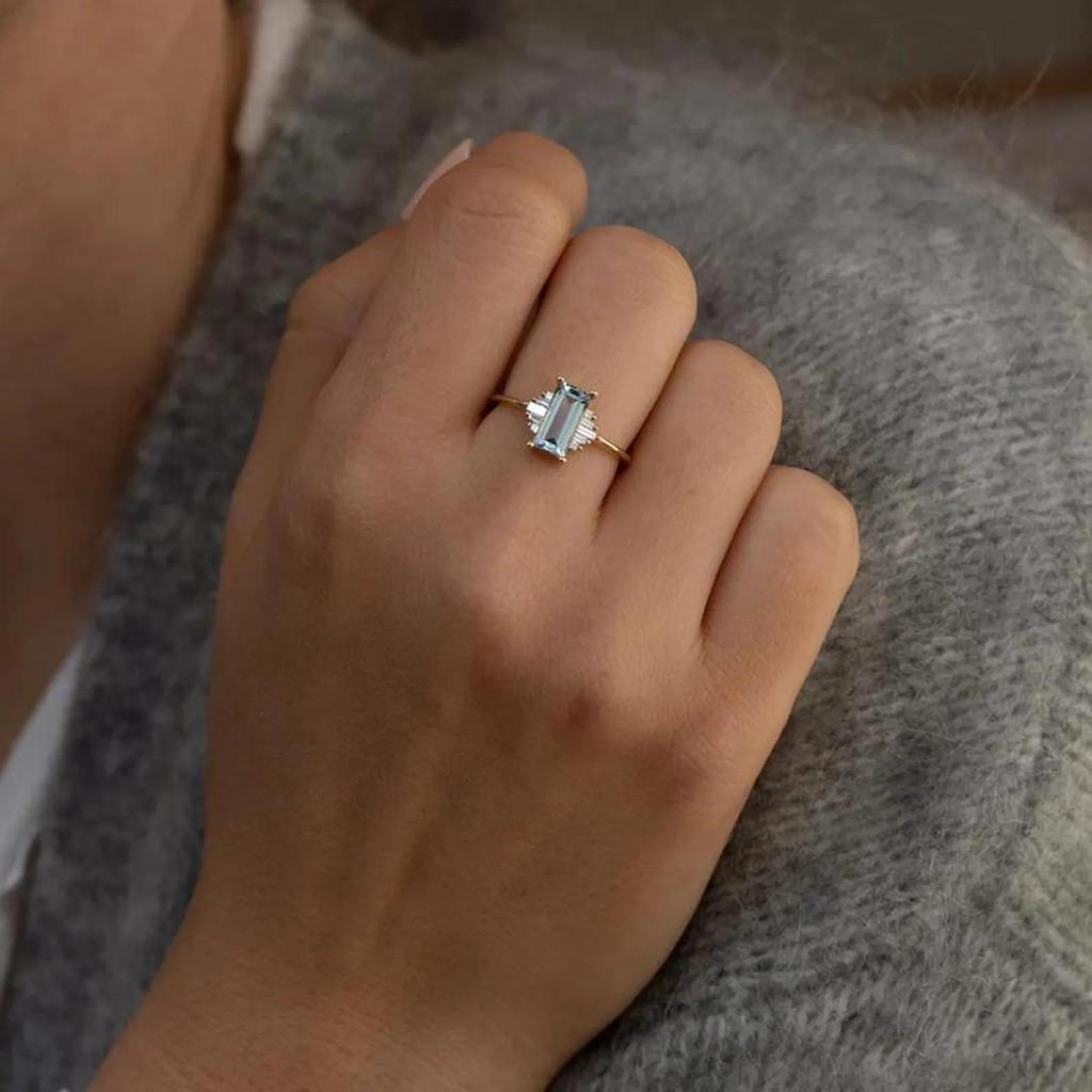 Women’s Emerald Cut Green Gemstone Ring – Gold Plated Band with Baguette Accents, Elegant Statement Jewelry Gift for Her