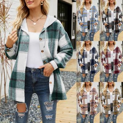 Ladies Casual Fashion Jacket Hooded Plaid Colorblock Wool Shirt Jacket