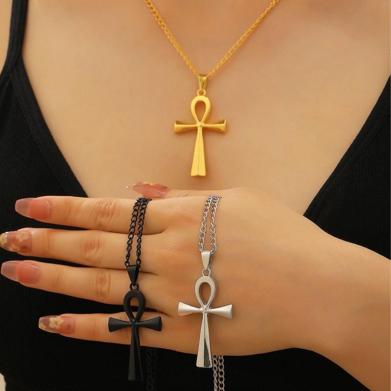 Egyptian Ankh Cross Necklace Bracelet Set Alloy Gothic Pendant Jewelry Women