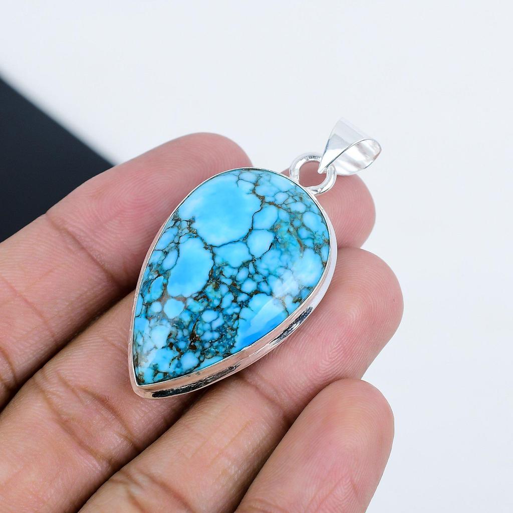 Natural Turquoise Gemstone Silver Pendant In 925 Sterling Silver - Handmade Pear Design, Everyday Wear Jewelry Mother's Day Gift