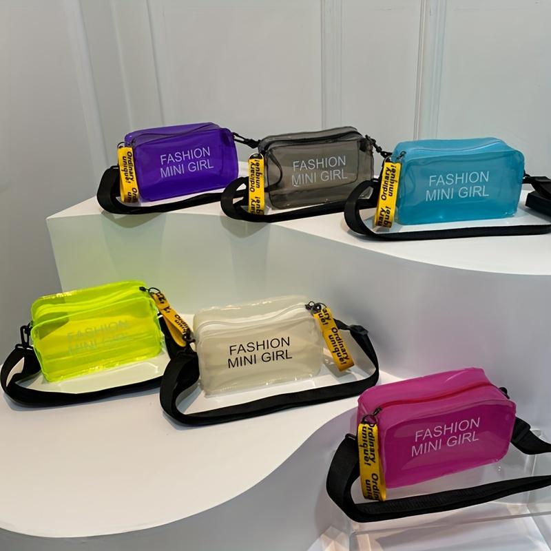 Trendy Jelly Handbag Fashion Letter Small Square Bag Transparent Jelly Bag Single Shoulder Handbag Simple Adjustable Strap Crossbody Bag