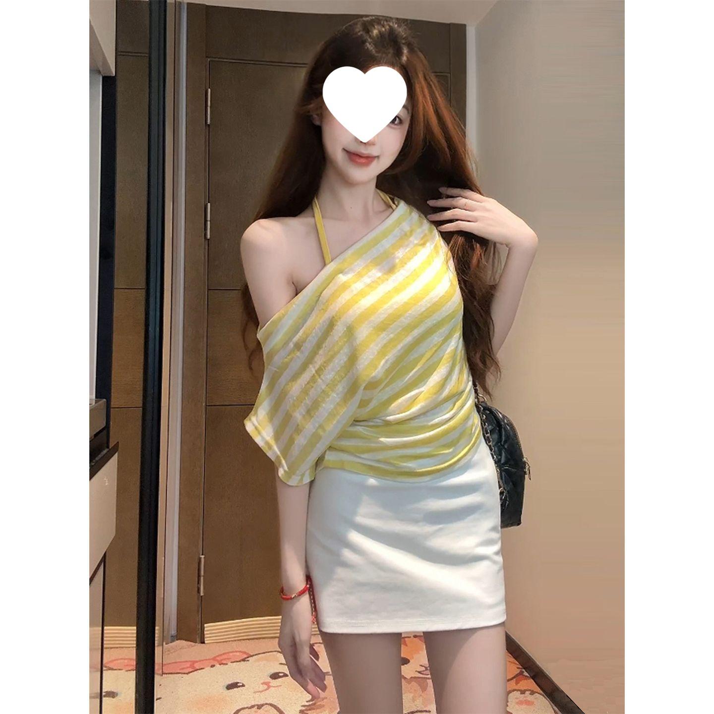 

Желтая полосатая облегающая майка-халтер с открытыми плечами, женская летняя футболка S жёлтый