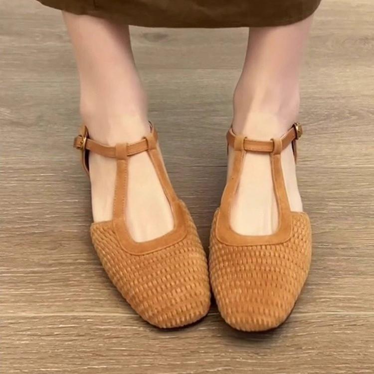 Fashion New Fashion Women's Hollow-out Cow Leather Narrow Band T-strap Flats Sandals Round Toe High Quality Casual Shoes Zapatos Mujer