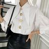 Chic Women White Cotton Button Blouse Loose Lantern Long Sleeve Casual Office Spring Tops