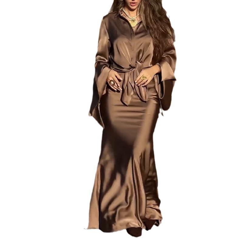 2025 Autumn Satin Flared Sleeve Shirt & Bodycon Skirt Set for Women