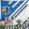 Blue and white geometric design with "Dallas Mavericks" and team logo. Patterned tapestry for bedroom and living room home decor