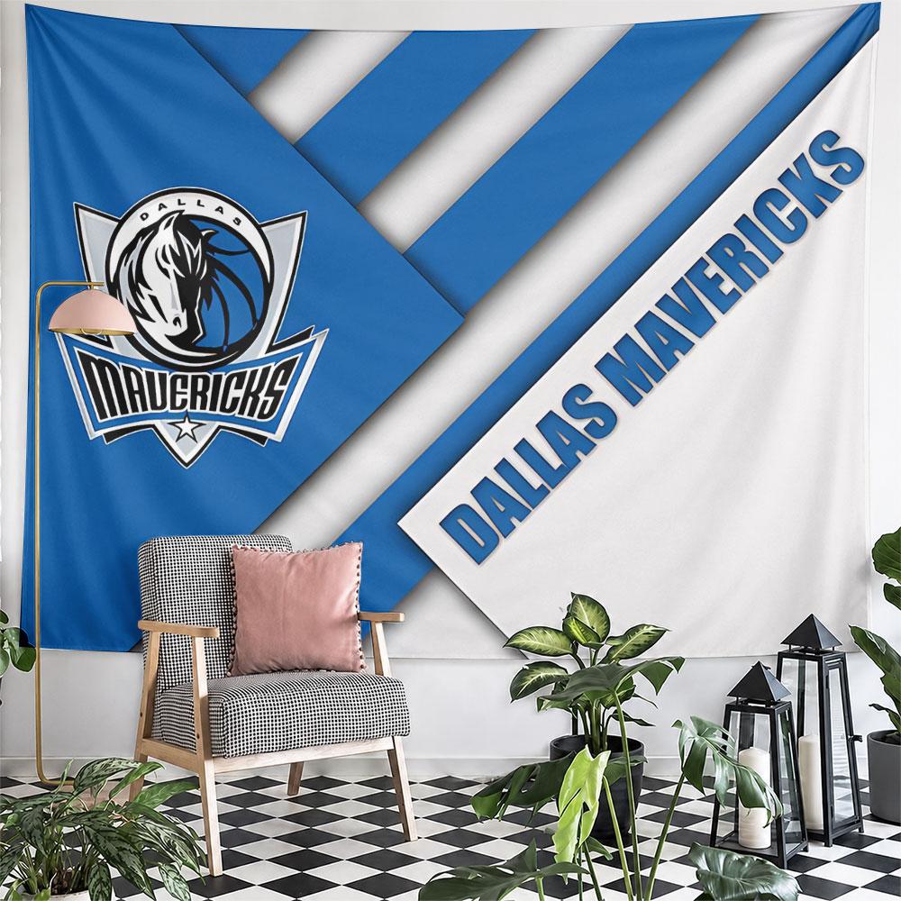 Blue and white geometric design with "Dallas Mavericks" and team logo. Patterned tapestry for bedroom and living room home decor