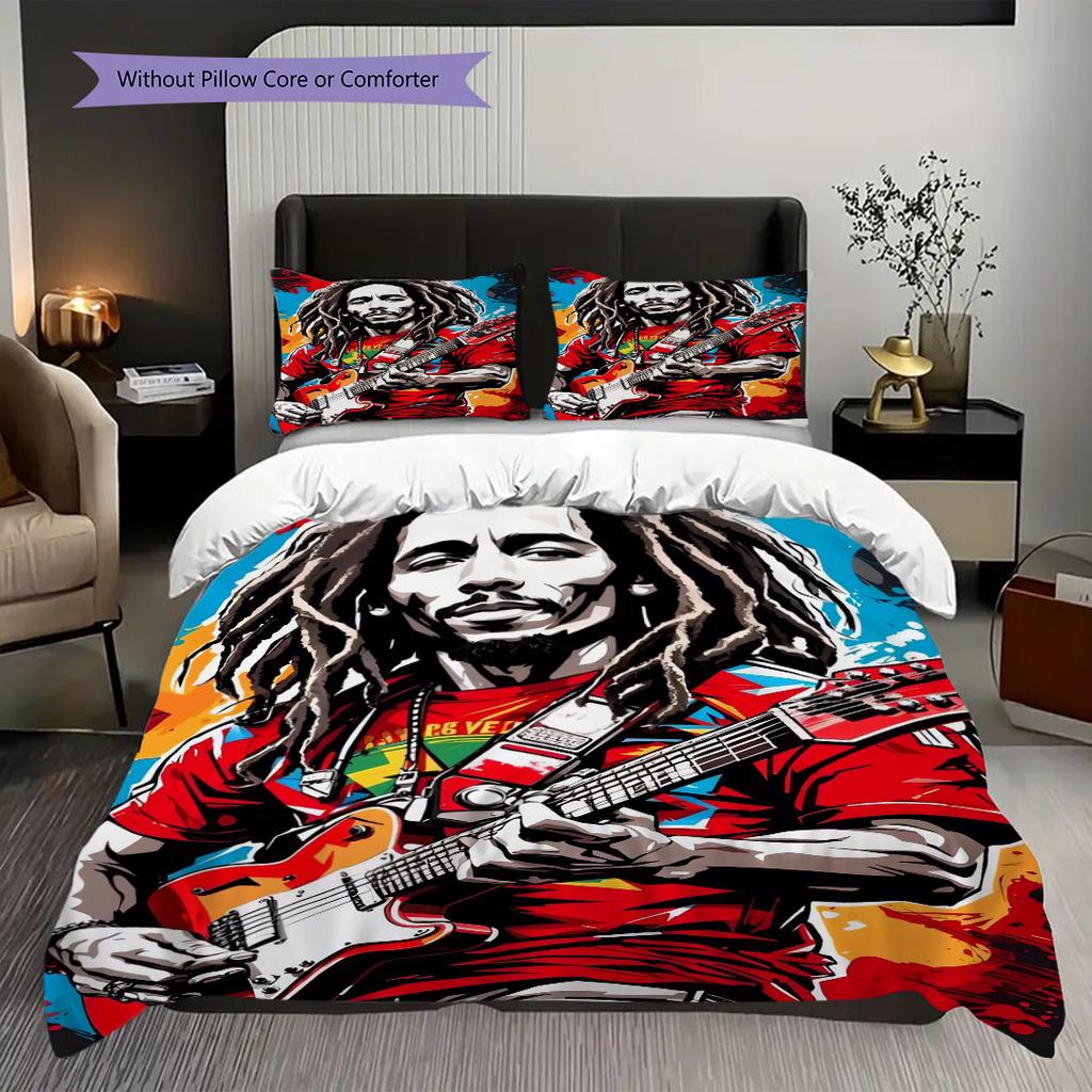 Vibrant Rasta Guitar Art Three-piece set (1 * duvet cover + 2 * pillowcase, without core) 2D Flat Christmas birthday gift Duvet cover and pillowcase