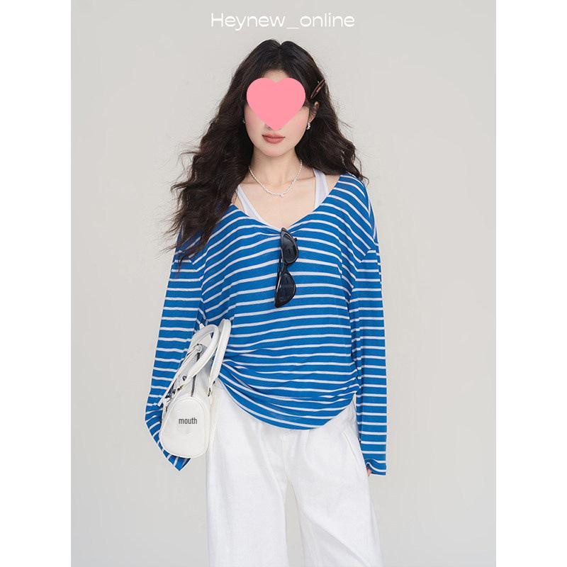 

Women s Blue Striped Drop Shoulder Long Sleeve Layered Vest Two-Piece Summer Top One Size морской синий