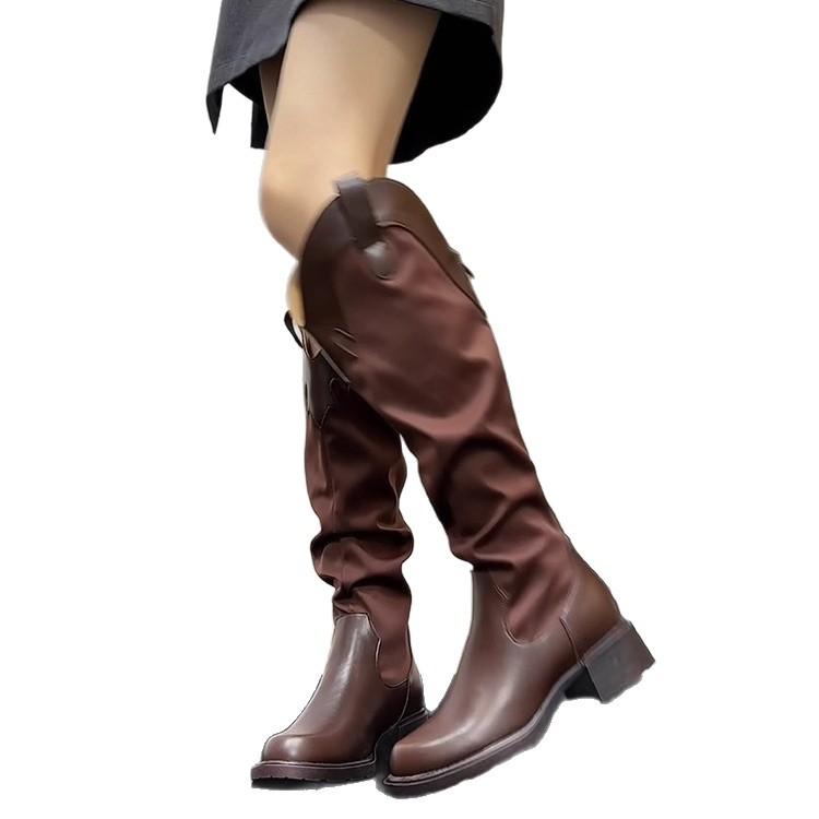 British style thick heel but knee boots women's 2025 new versatile tall tube pleated pile boots western knight boots