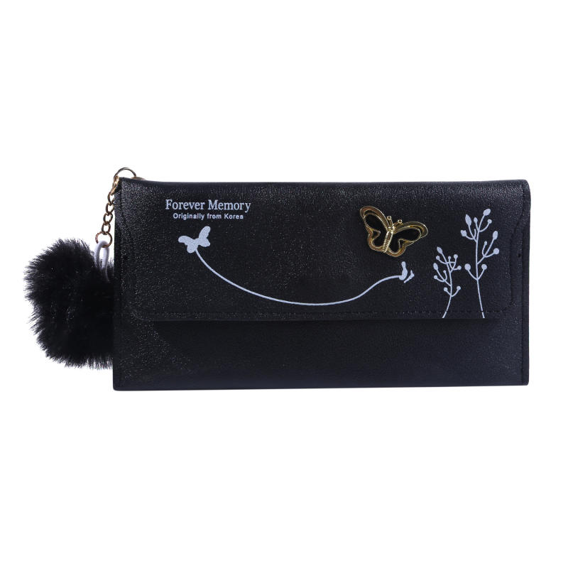 Womens Wallet Cute Elegant Long Slim Card Holder Case Minimalist Coin Purse Zipper Wallet With Fur Ball Bow Decor