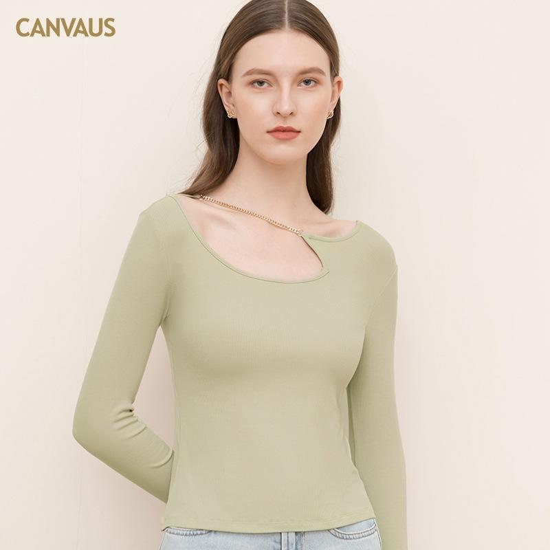 

Canvaus круглый вырез с полым дизайном Sense однотонная нижняя рубашка женская с длинными рукавами тонкий топ в корейском стиле с темпераментом XXL зелёный