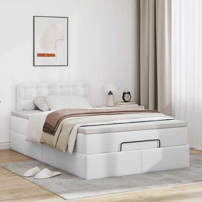 Cadre de lit ottoman - 120x200 cm - Similicuir blanc - Rangement sous le lit - Surmatelas confortable