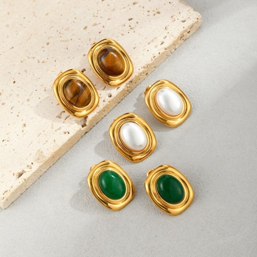 Nature Stone Tiger-eye Earrings Stainless Steel Waterproof Stud Earrings Oval Bead Gold Plated Pearl Earrings Gemstone Jewelry