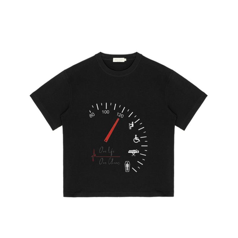 Black T Shirt with Speedometer Design and One Life One Chance Text for Casual Wear