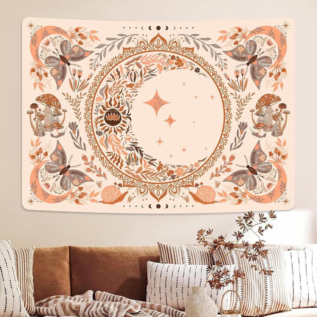 1 Bohemian Chic Vintage Tapestry with Flowers, Butterflies, Moon and Stars Pattern - Pink Mandala Wall Hanging for Bedroom