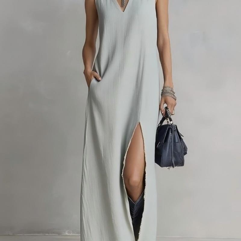 Women's V Neck Maxi Dress Sleeveless Side Slit Pockets Loose Fit Casual Long Dress
