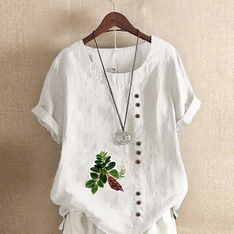 

Женская модная футболка с круглым вырезом и коротким рукавом, повседневная рубашка из хлопка и льна с рисунком, свободная летняя блузка с принтом в виде шишки 5XL зелёный