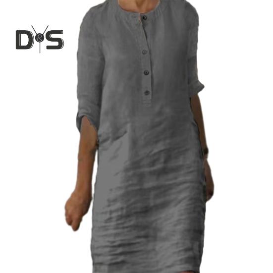 

Женское летнее платье с круглым вырезом, рукавами три четверти, длиной до колена, сплошной цвет, пуговицы, свободный пуловер, мягкий повседневный дышащий женский осенне-весенний миди-платье M серый