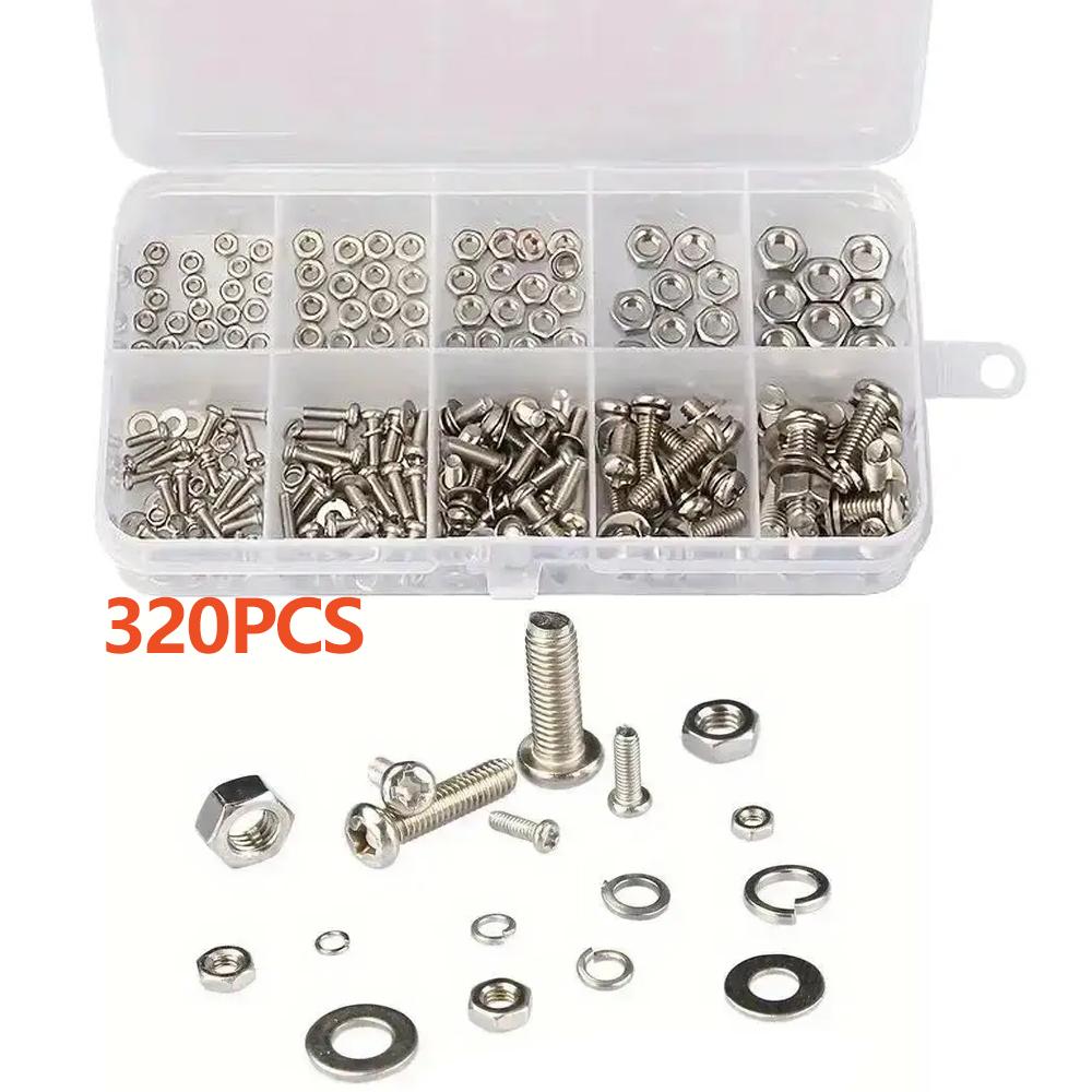 320pcs Stainless Steel Screw and Nut Assortment Kit Rustproof Resistant Snap-in Nuts M2 To M5 Sizes Ideal for DIY