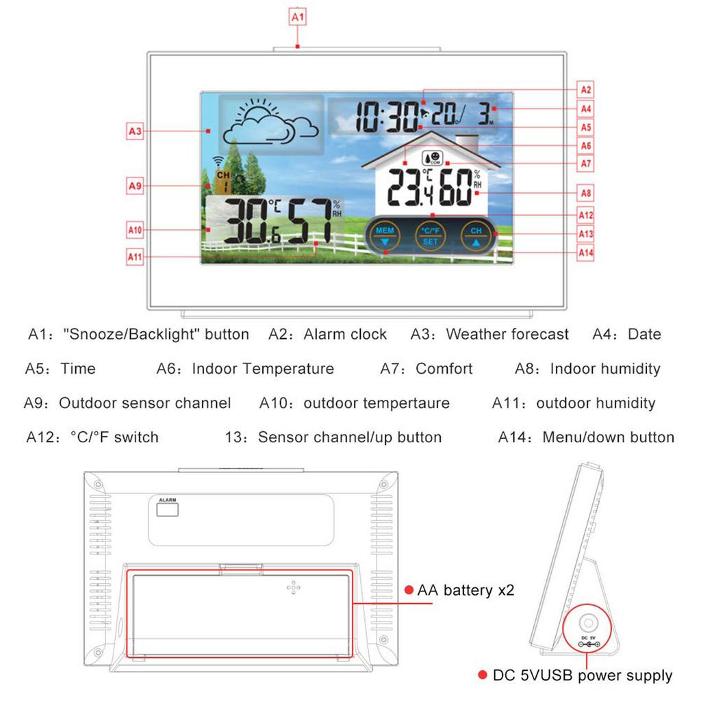 LCD Screen Adjustable Multifunction Color Digital Thermometers Hygrometer With 2099 Year Calendar And Snoozes Function