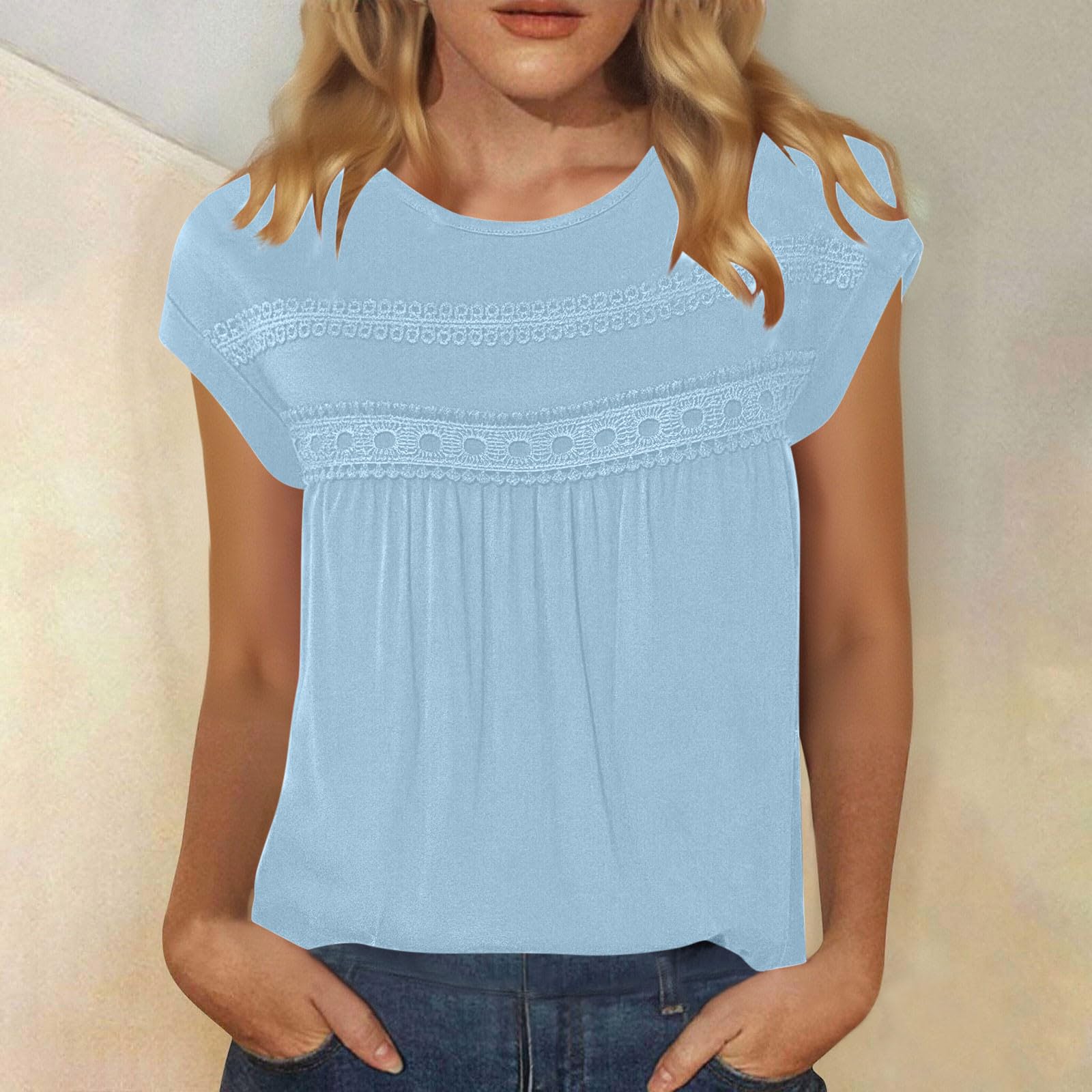

Women s Lace Shirts Fashion Short Sleeve Casual Pleated Top XL