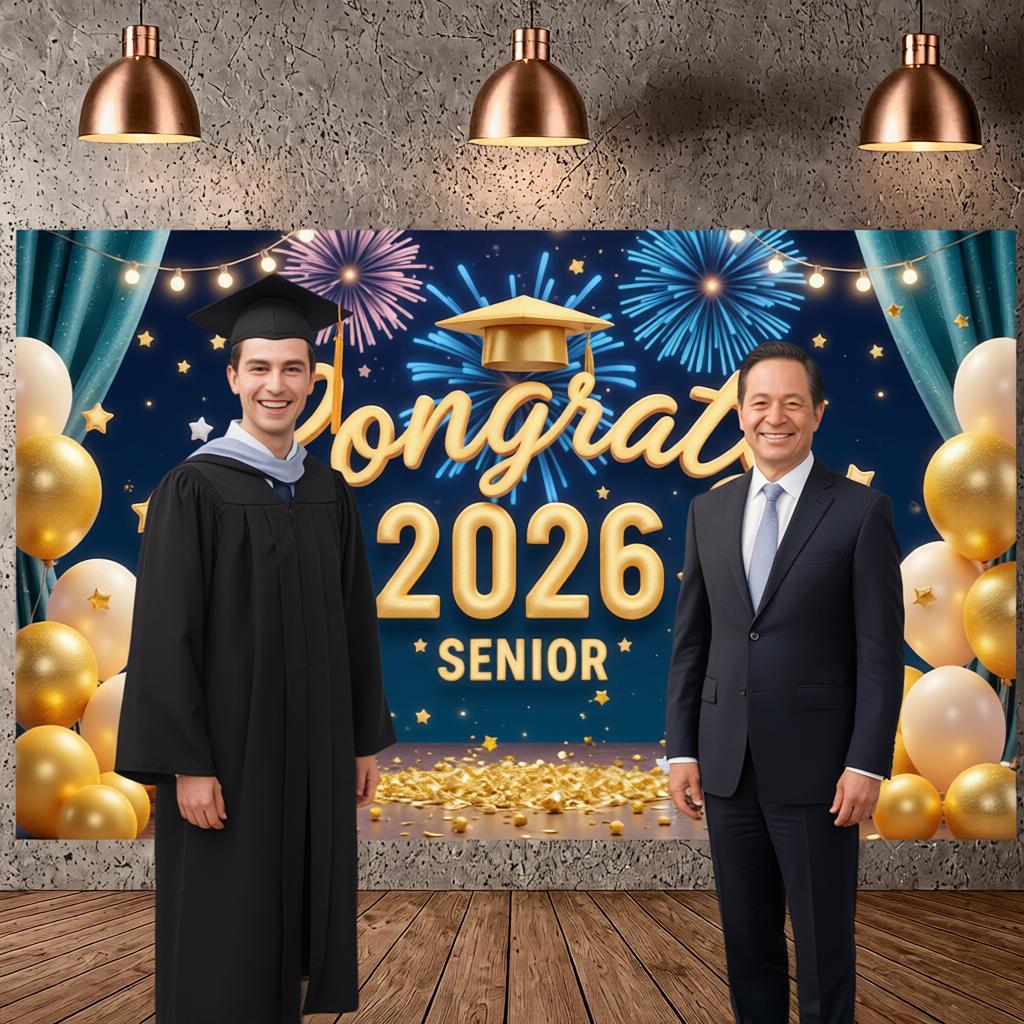 2026 Grad Background Star Decor Grad Event Display Graduation Banner Firework Design Senior Celebration Banner For Senior Indoor