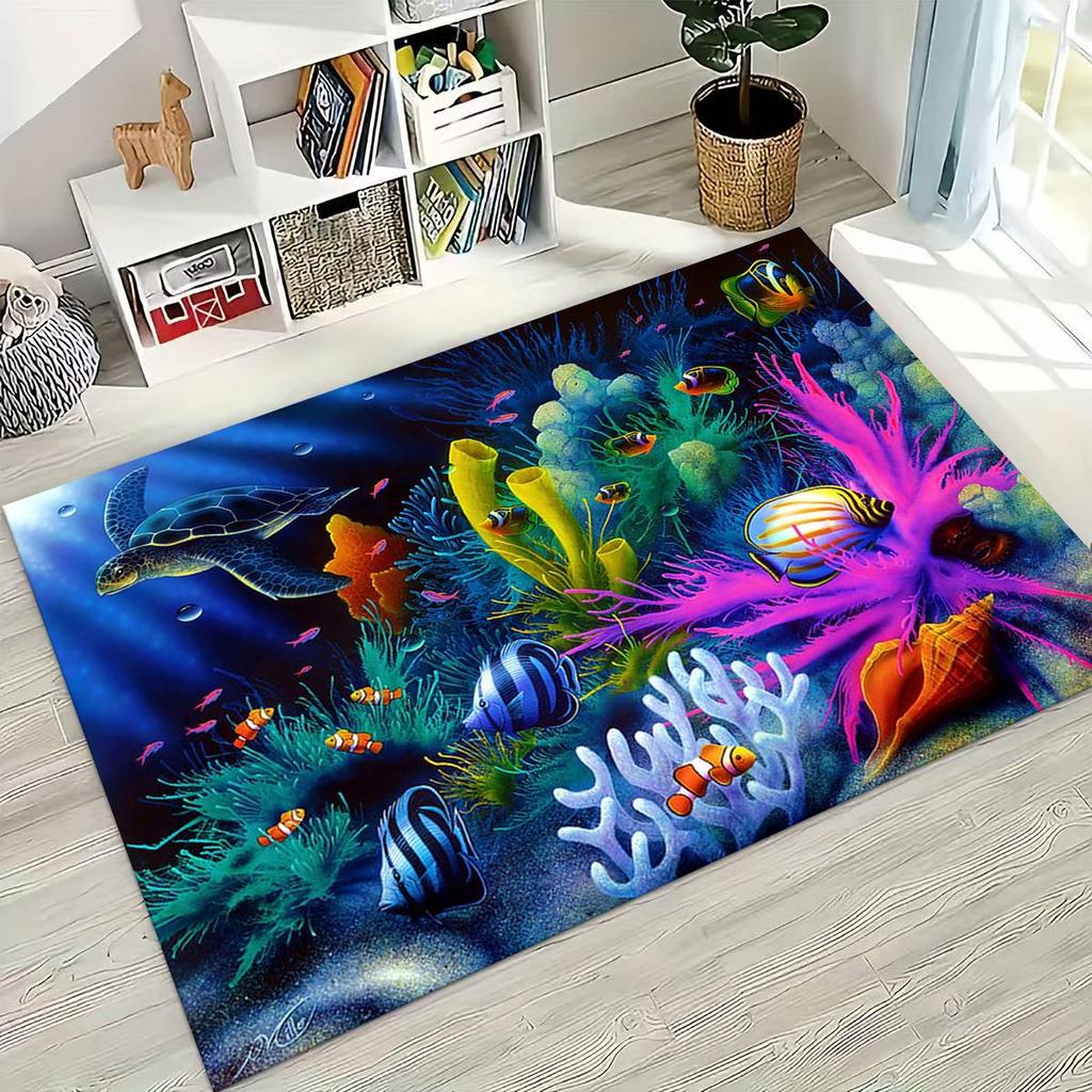 2026 New Underwater World Sea Dolphin Turtle Coral Rug for Bedroom Living Room Sofa Home Doormat Decor,Kids Non-slip Floor Mat