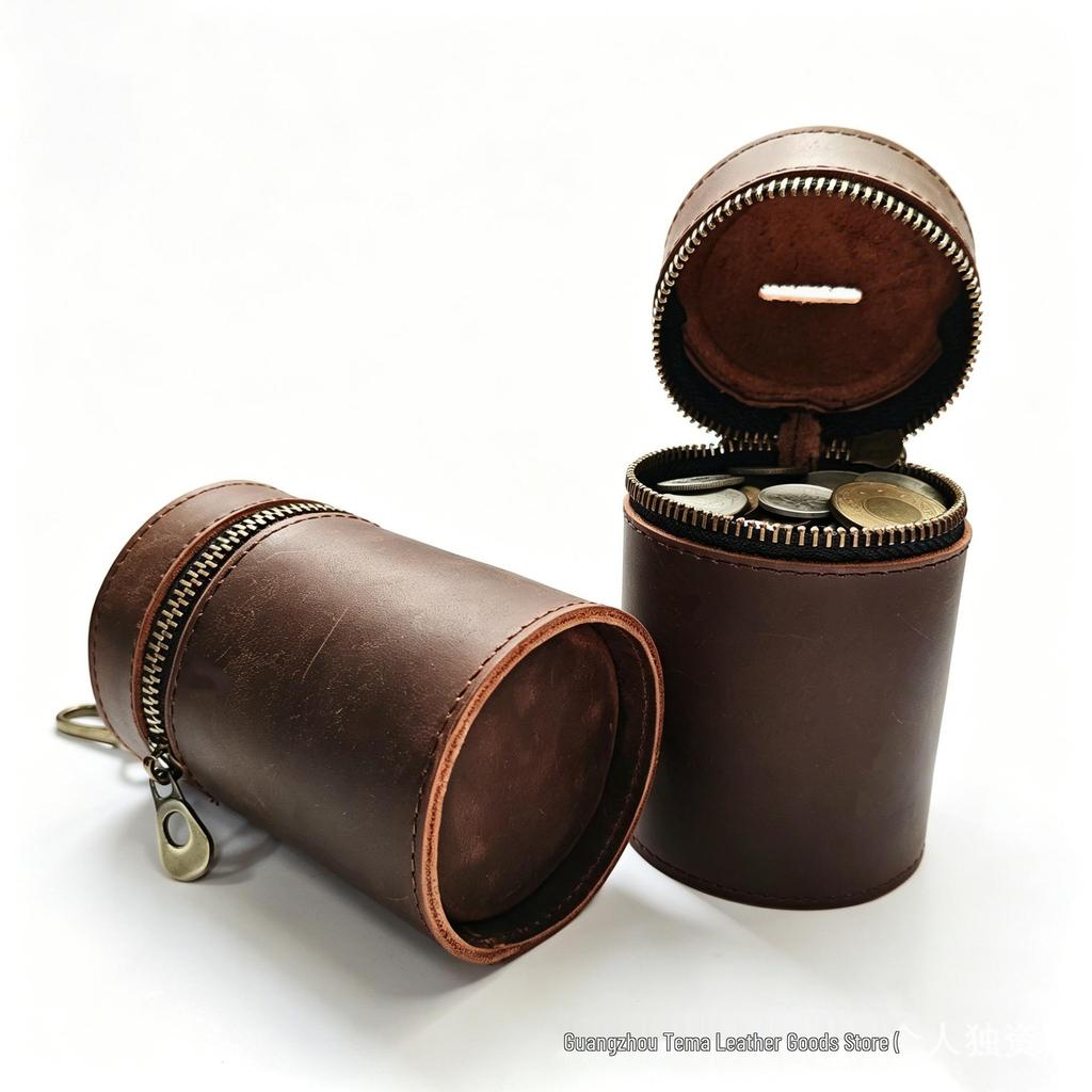 Genuine Leather Retro Coin Purse - Crazy Horse Round Barrel Design