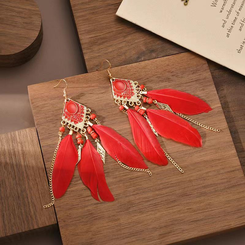 Trendy Ethnic Retro Multicolor Feather Beaded Circle Dangle Earrings