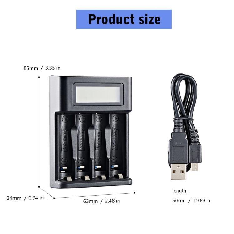 4-Schacht-Akkuladegerät AA LR03 Batterieladegerät für NiMH-Akkus mit LCD-Anzeige Intelligente Akkuladung