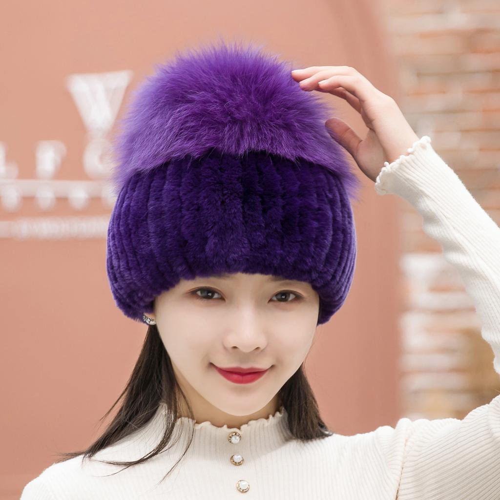 Women Winter Luxury Rabbit Fur Hat Knitted Rex Rabbit Fur Hat Top  Fox Fur Cap Genuine Fox Fur Beanies Hat
