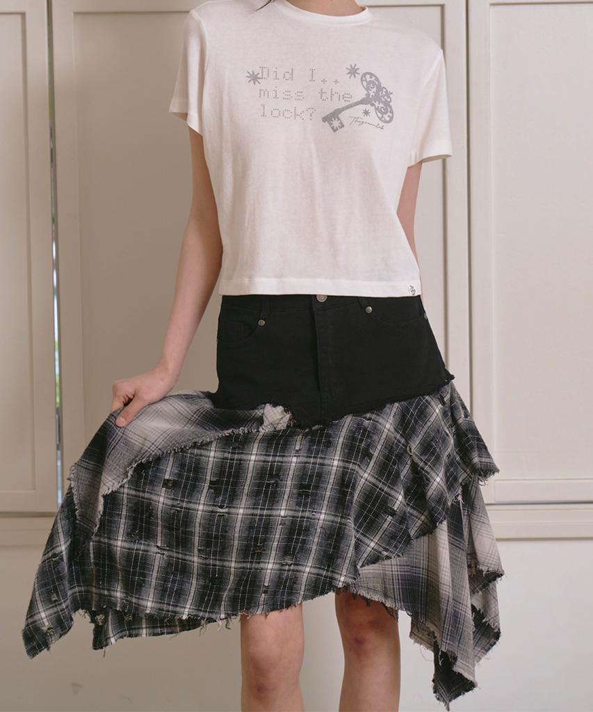 THE GREEN LAB Asymmetrical Check Denim Skirt [Charcoal Gray]
