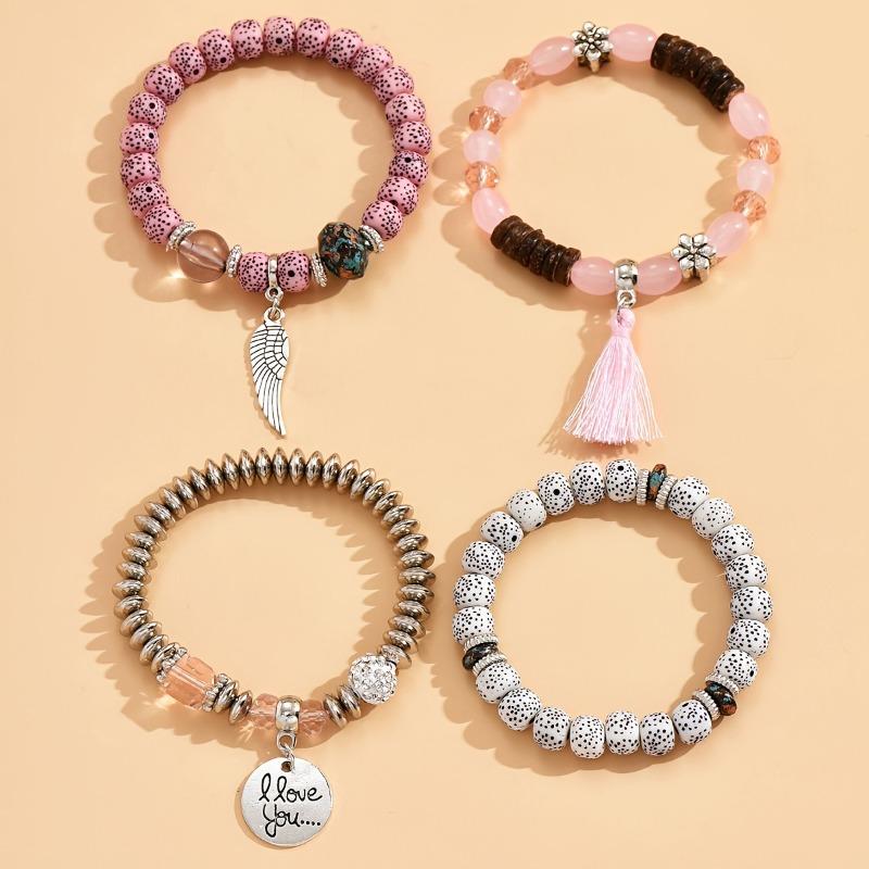 4pcs Bohemian Style Stacking Bracelets with Wings, Tassels & "I Love You" Charms, Assorted Beads, Ideal Gift for Teens And Family, Bracelet Charms