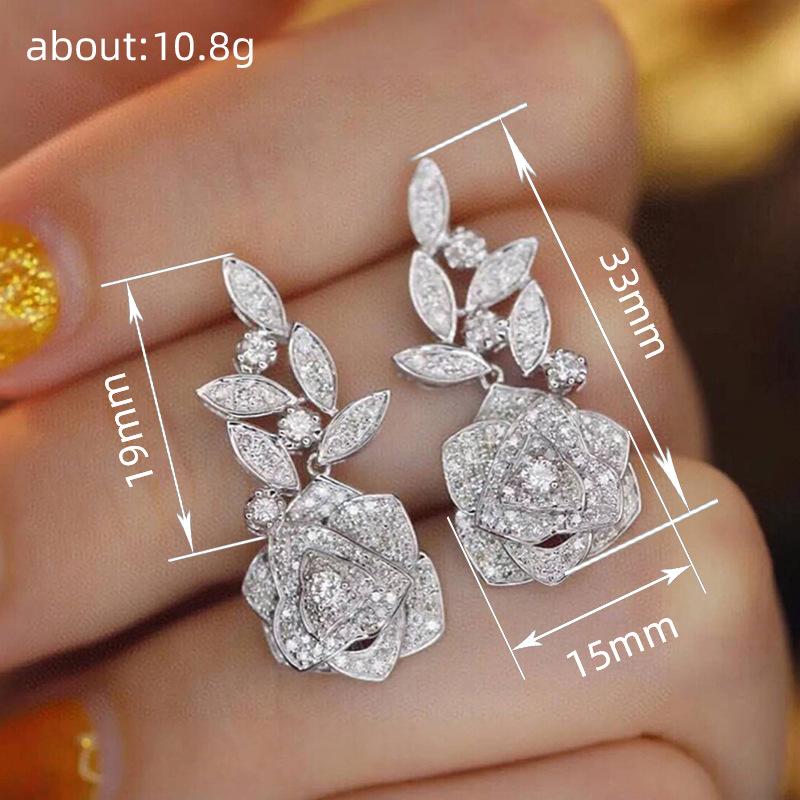 Exquisite Floral Rose Earrings For Women, Shiny Micro-Inlaid Zircon Earrings, Fashionable And Popular Earrings.