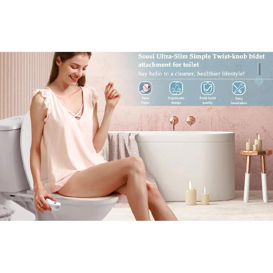 SOOSI Toilettensitz Bidetaufsatz Ultra-Schlank Doppeldüse Einstellbarer Wasserdruck Nicht-Elektrisch Po-Dusche