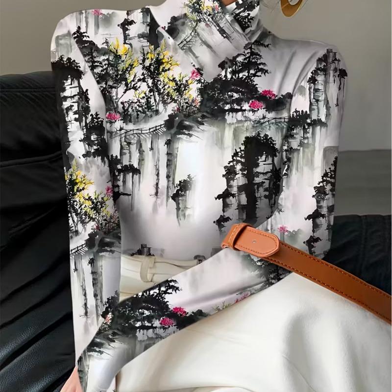 Ladies Shanshui Former Residence Long Sleeve Shirt - Half Turtle Collar T-Shirt Top, Slight Elasticity - Versatile Shirt for All Seasons