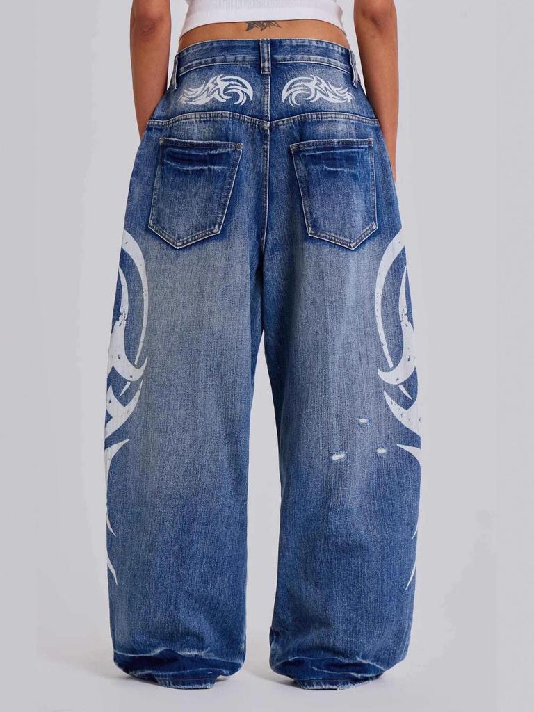 Unisex Graffiti Printed Jeans Women Harajuku High Street Large Size Loose Denim Pants Casual High Waist Jeans