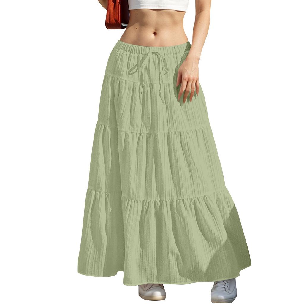 Women's Drawstring High Rise Midi Skirt Tiered Ruffle Maxi Skirt Casual Summer Long Skirt