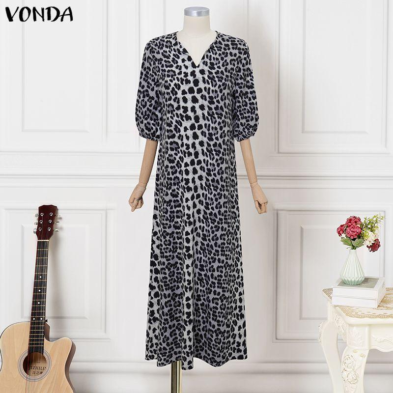 

VONDA Summer Women 3/4 Sleeve Leopard Print Casual Loose Long Maxi Holiday Dress S серый